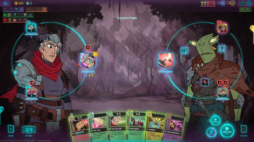 A Griftlands screenshot of a negotiation “battle” between the player character and a character called Prekt.