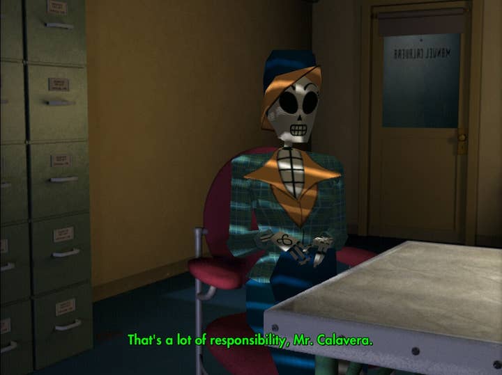Image of Meche from Grim Fandango, sitting in Manny's office, saying, "That's a lot of responsibility, Mr. Calavera."