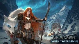 A lady poses with a wolf in the snowy mountains in key art for Grim Dawn's next expansion.