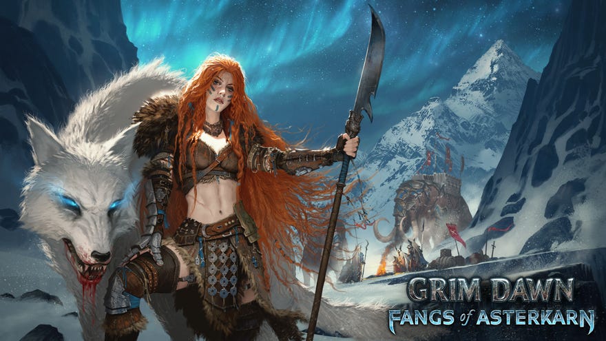 A lady poses with a wolf in the snowy mountains in key art for Grim Dawn's next expansion.