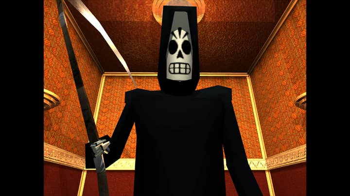 Grim Fandango screen showing Manny in full grim reaper attire