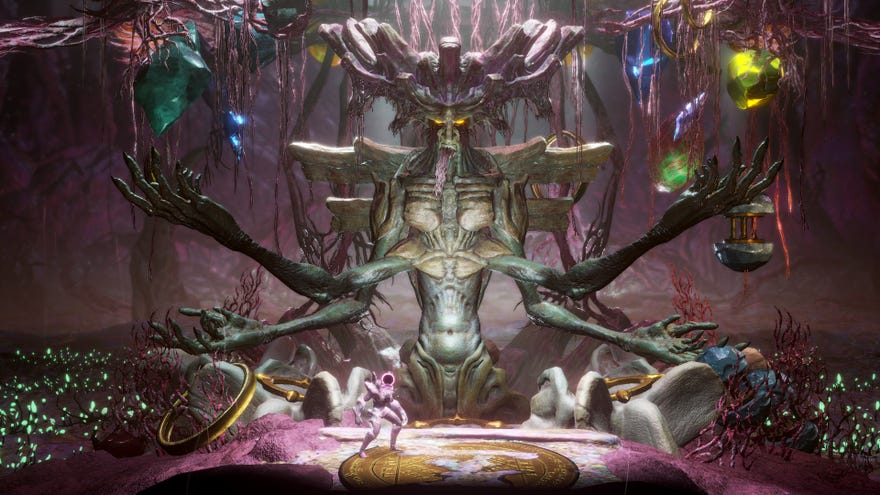 A large strange, mystical rock being towers over the buff black hole man.