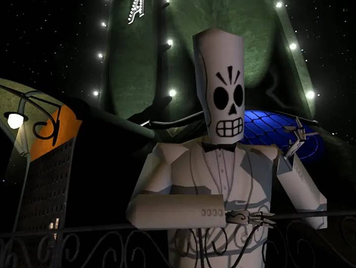 Manny Calavera in Grim Fandango, dressed in a white tux and smoking a cigarette