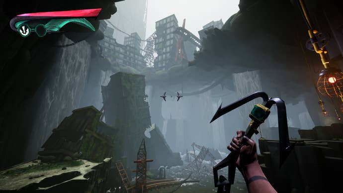 Preparing for platforming in a Grimhook screenshot.