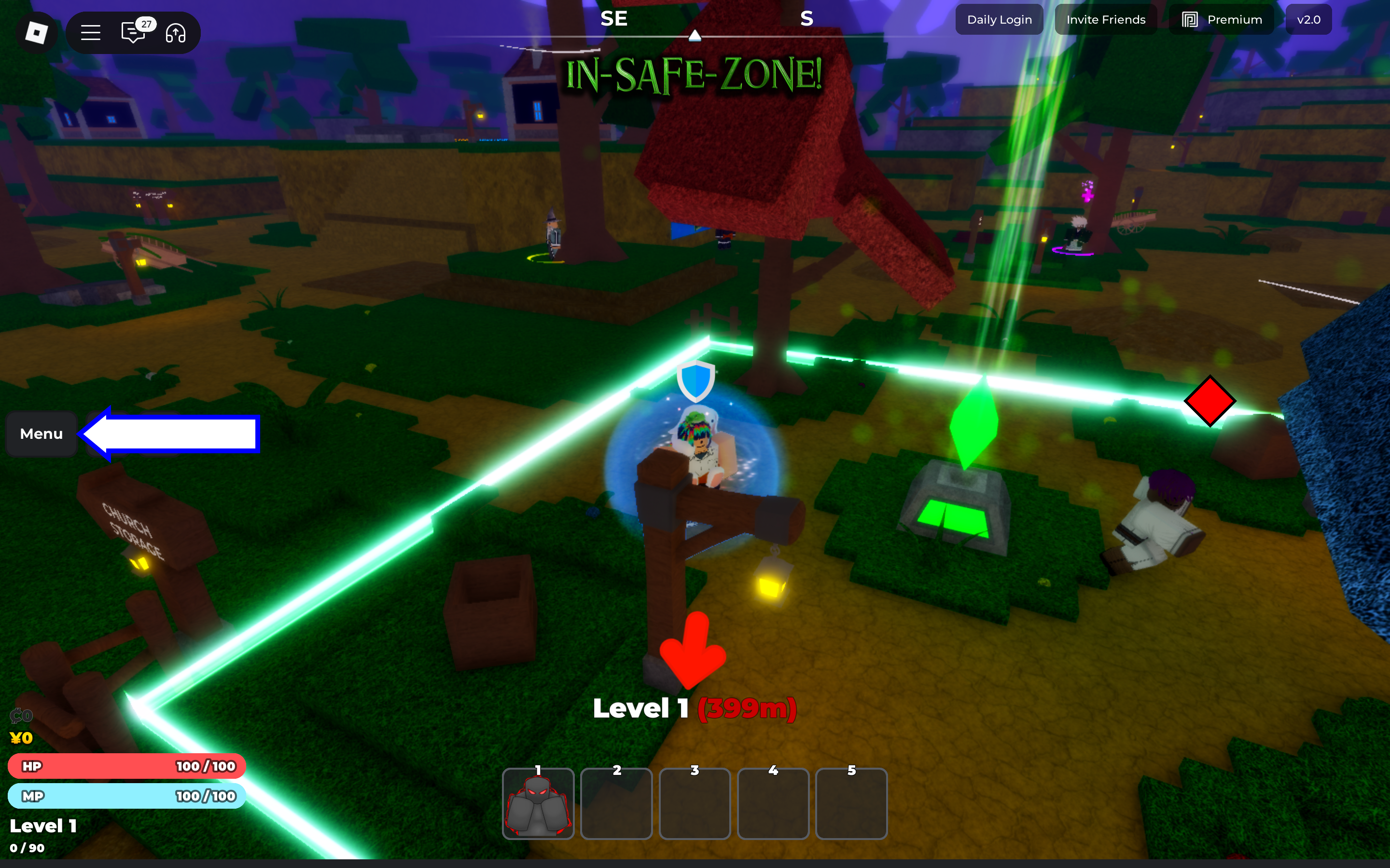 A screenshot of Grimoires Legacy in Roblox showing the game's menu button.
