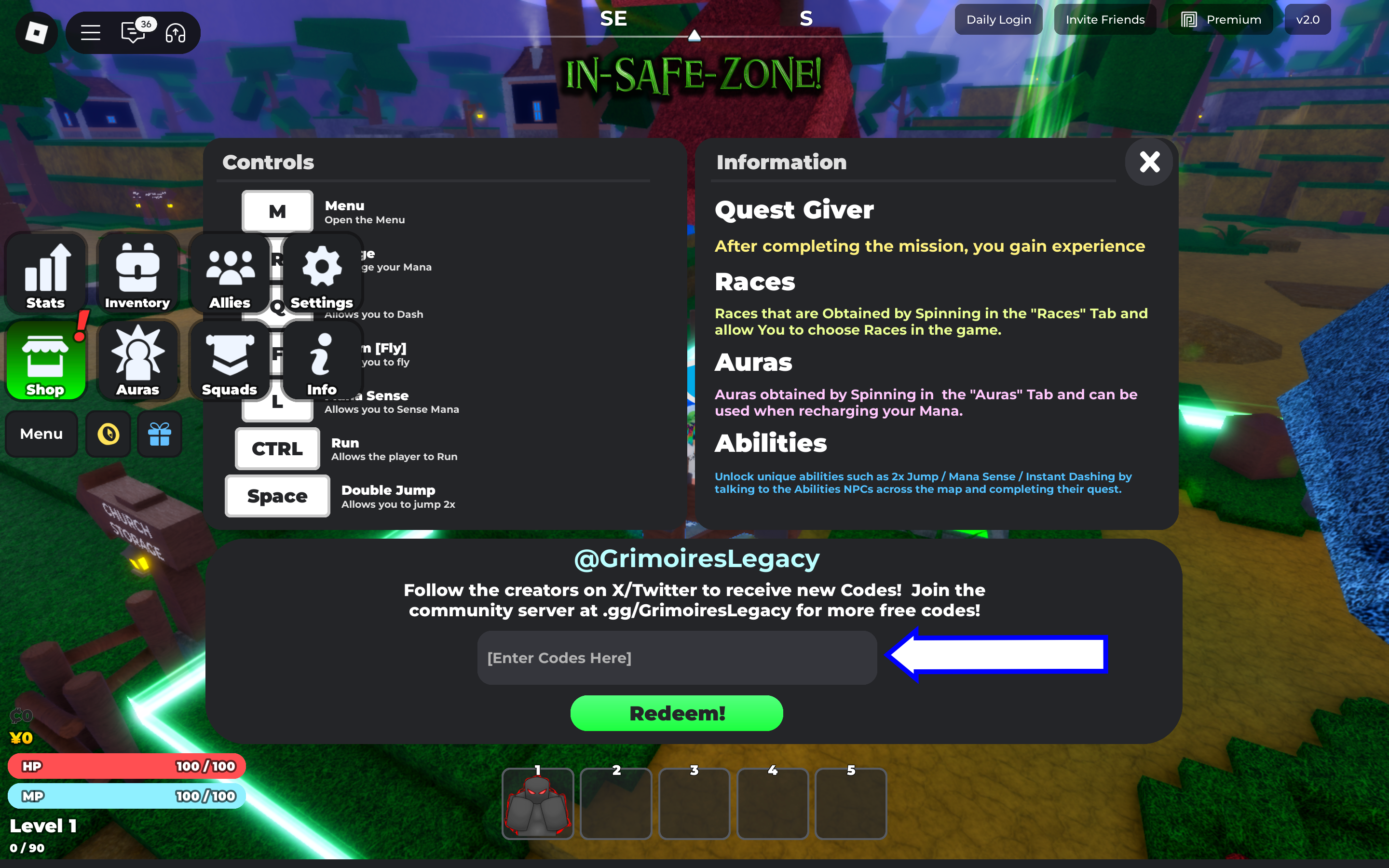A screenshot of Grimoires Legacy in Roblox showing the game's codes field.