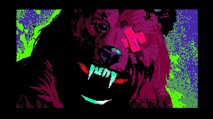 A close-up image of a bear - or a person in a bear suit - descending on the camera, the viewer. It’s a luridly coloured image - toxic green frames the bear, which itself is a kind of pinky purple. It’s also somewhat pixelated. Dagger-sharp teeth are the focal point, as is a cross-shaped plaster stuck over the eye.