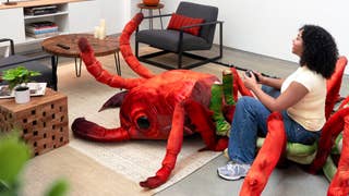A suspiciously calm child sits on a 10-foot giant ant plushie and plays Grounded 2.