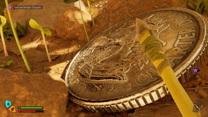 A gigantic coin. It's a quarter dollar. Except, it's not gigantic - we're small.