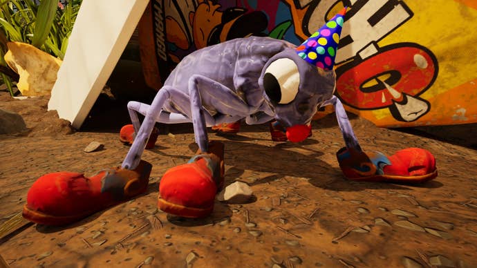 A cockroach modded to look similar a clown successful Grounded 2.