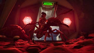 A teenage girl rides on the back of go-kart-sized ant. They're illuminated by the red glow of a base behind them.
