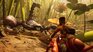 A screenshot from Grounded 2, showing a dark skinned and shrunken teenager riding an ant - as seen from over their shoulder and behind - facing off against a blueish-black scorpion in front of them. The scorpion is the size of a truck.
