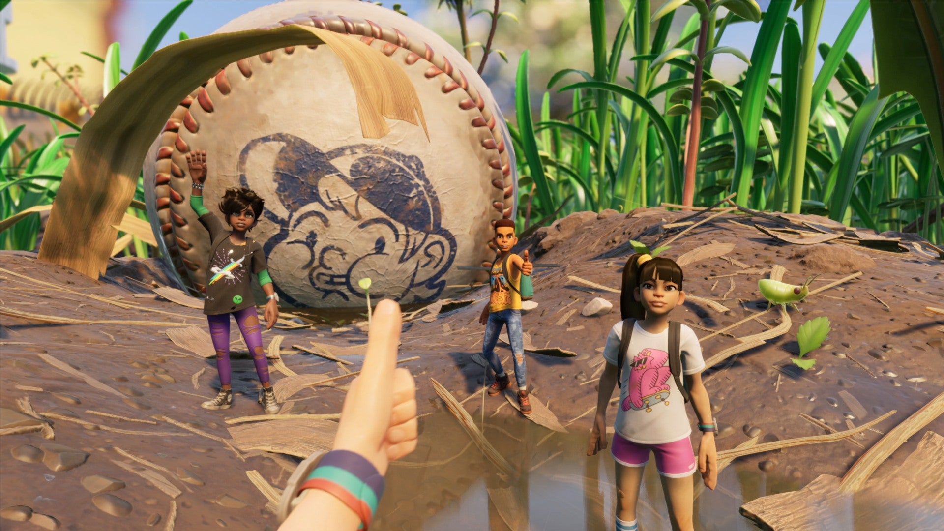 Grounded characters standing in the dirt near a giant baseball while staring at the player, with the player giving them a thumbs up. - 21