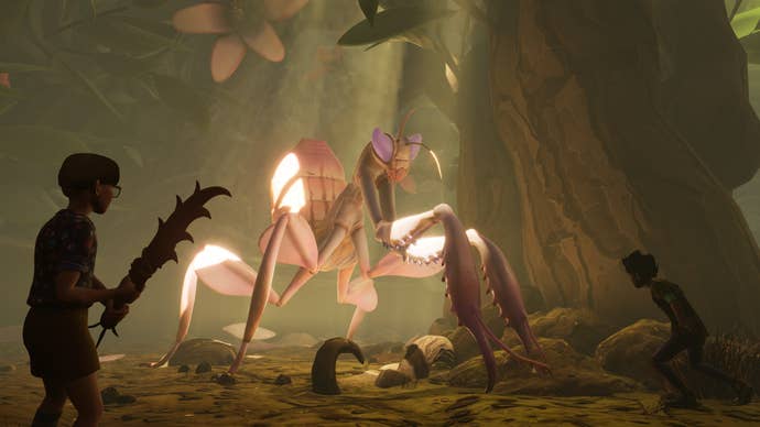 A small large mantis in a Grounded screenshot.