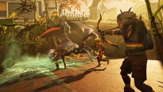 A collection of shrunken players do battle with a huge scorpion in a community park setting. The nearest player fires a bow at it. Good luck.