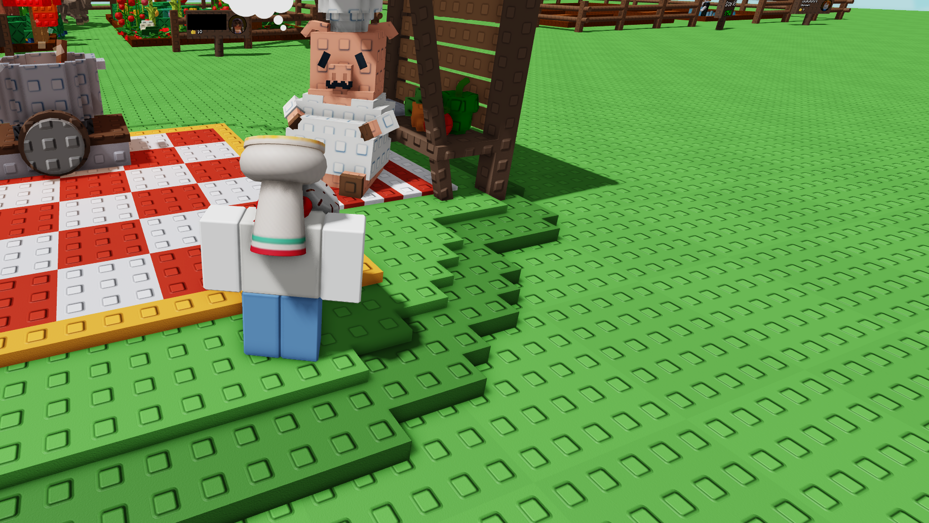 A player standing with the pig chef, Chris P. Bacon in Grow a Garden. - 1