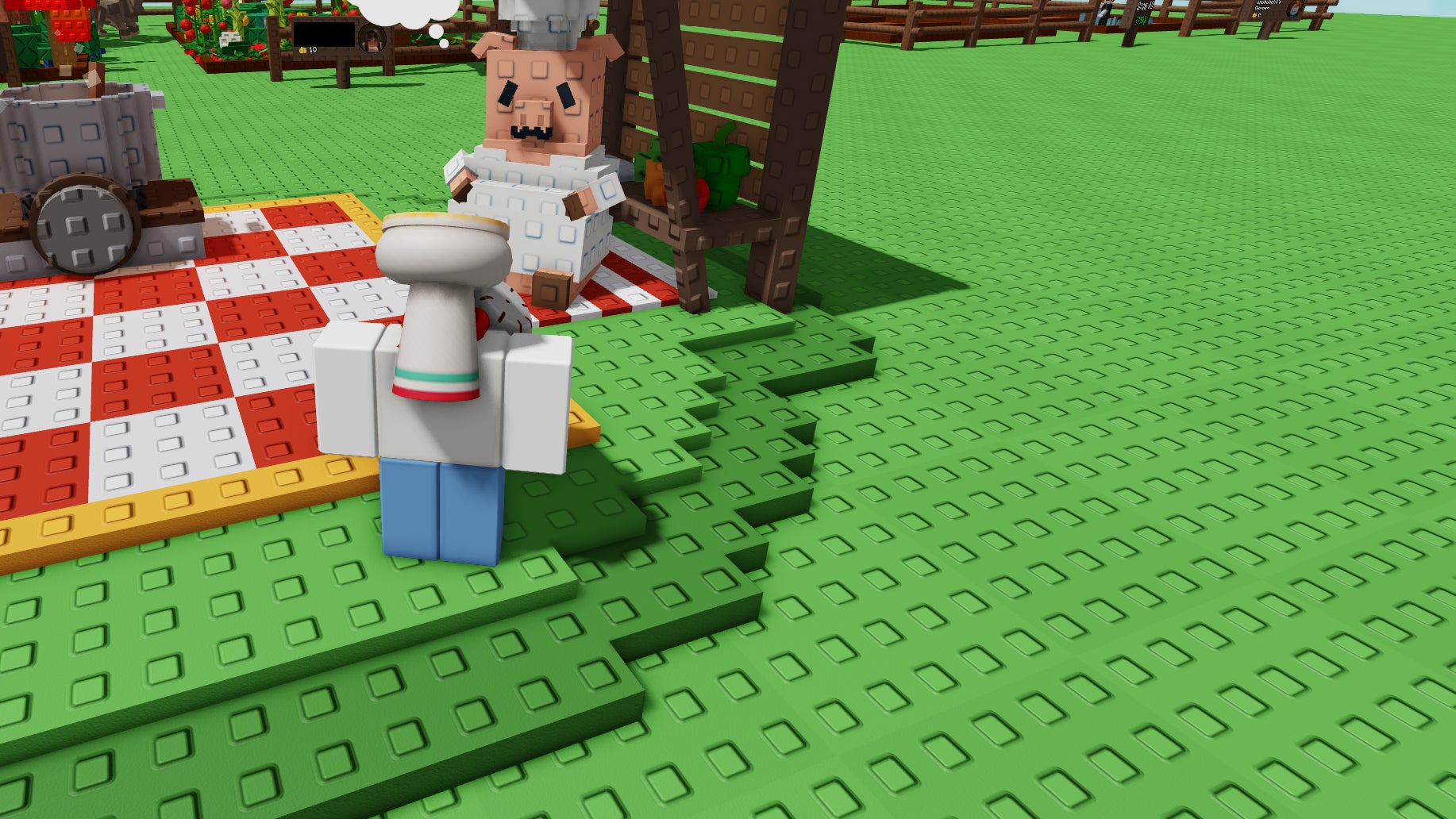 A player standing with the pig chef, Chris P. Bacon in Grow a Garden. - 1