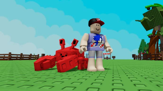 A Roblox character wearing a Sonic the Hedgehog shirt stands next to a pet Crab.