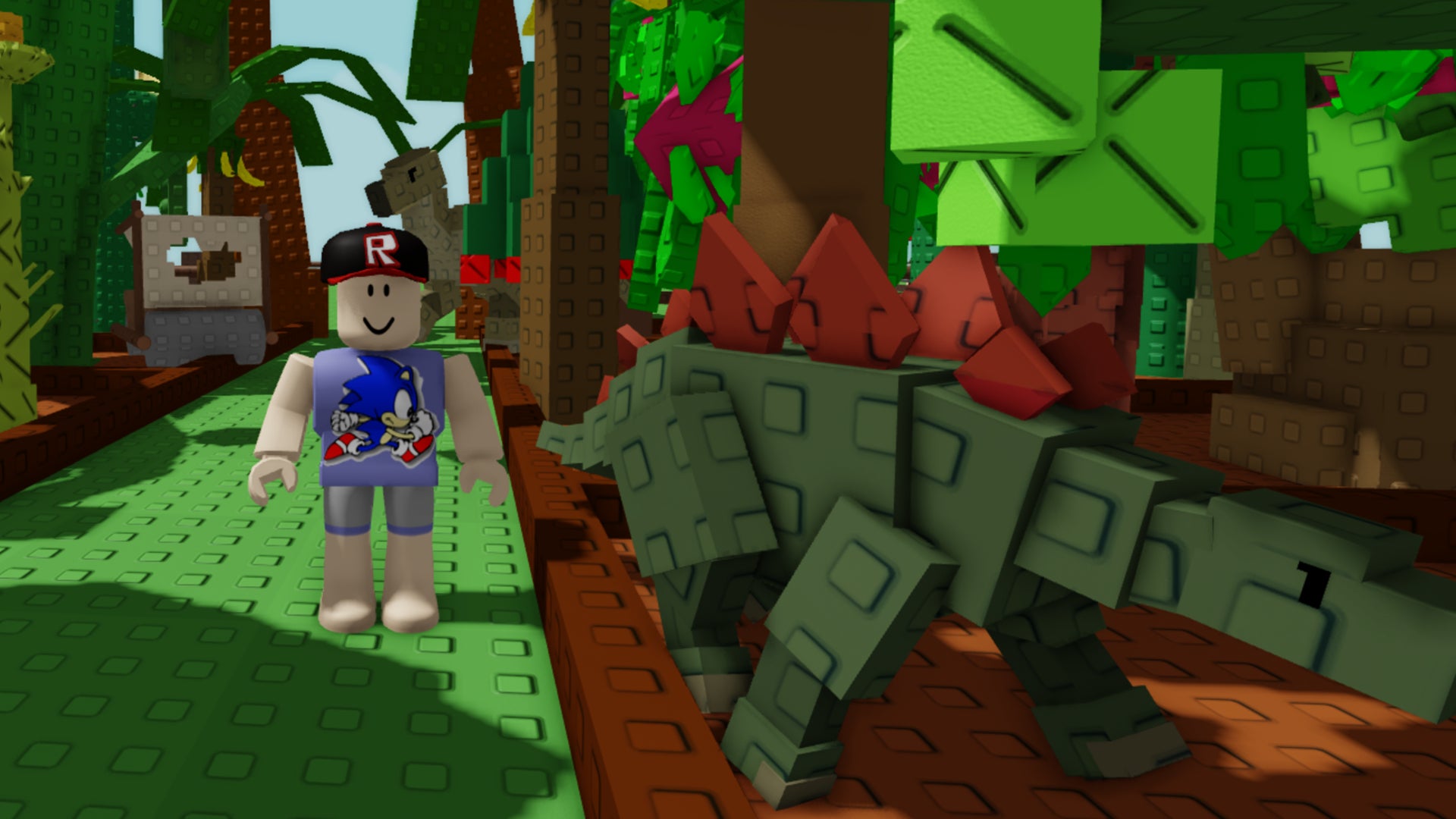 A Roblox character wearing a Sonic the Hedgehog shirt stands next to a pet Stegasaurus. Another pet Brontosaurus can be seen in the background. - 1