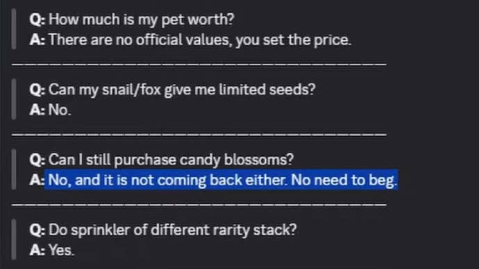 A message from the Grow A Garden Discord showing that Candy Blossoms will not be coming back, with "no need to beg."