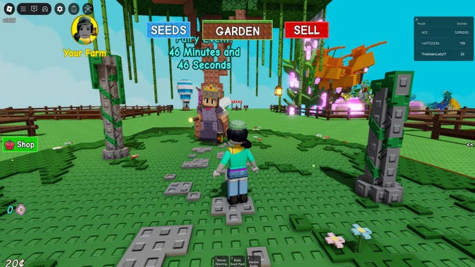 Roblox player avatar stands in a round green plot directed to the Fairy NPC in Grow A Garden.