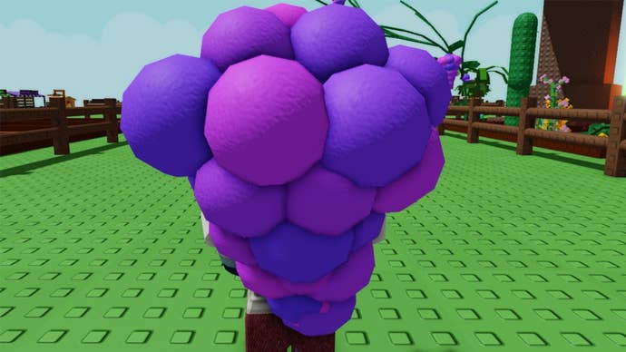 A Roblox character holding a huge bunch of grapes in Grow a Garden.