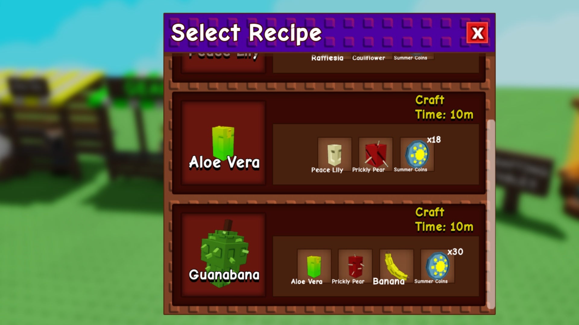 grow a garden guanabana crafting menu