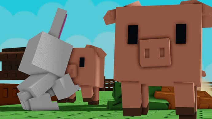 Two Pig Pets and a Bunny wander around in Grow A Garden.