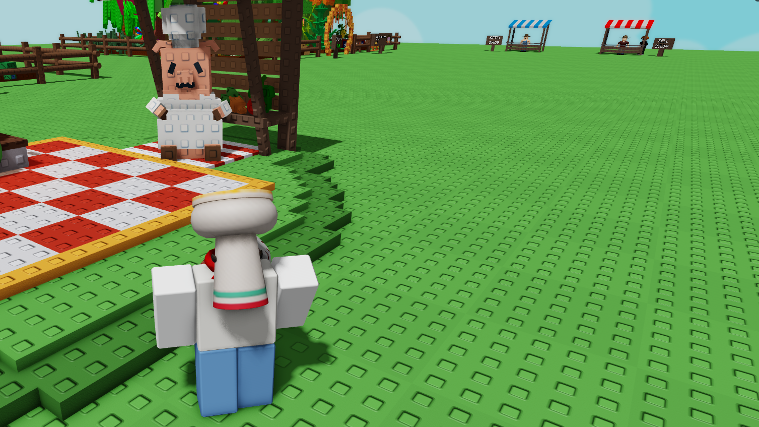 A player standing on the edge of Chris P. Bacon's cooking stall in Grow a Garden. - 1