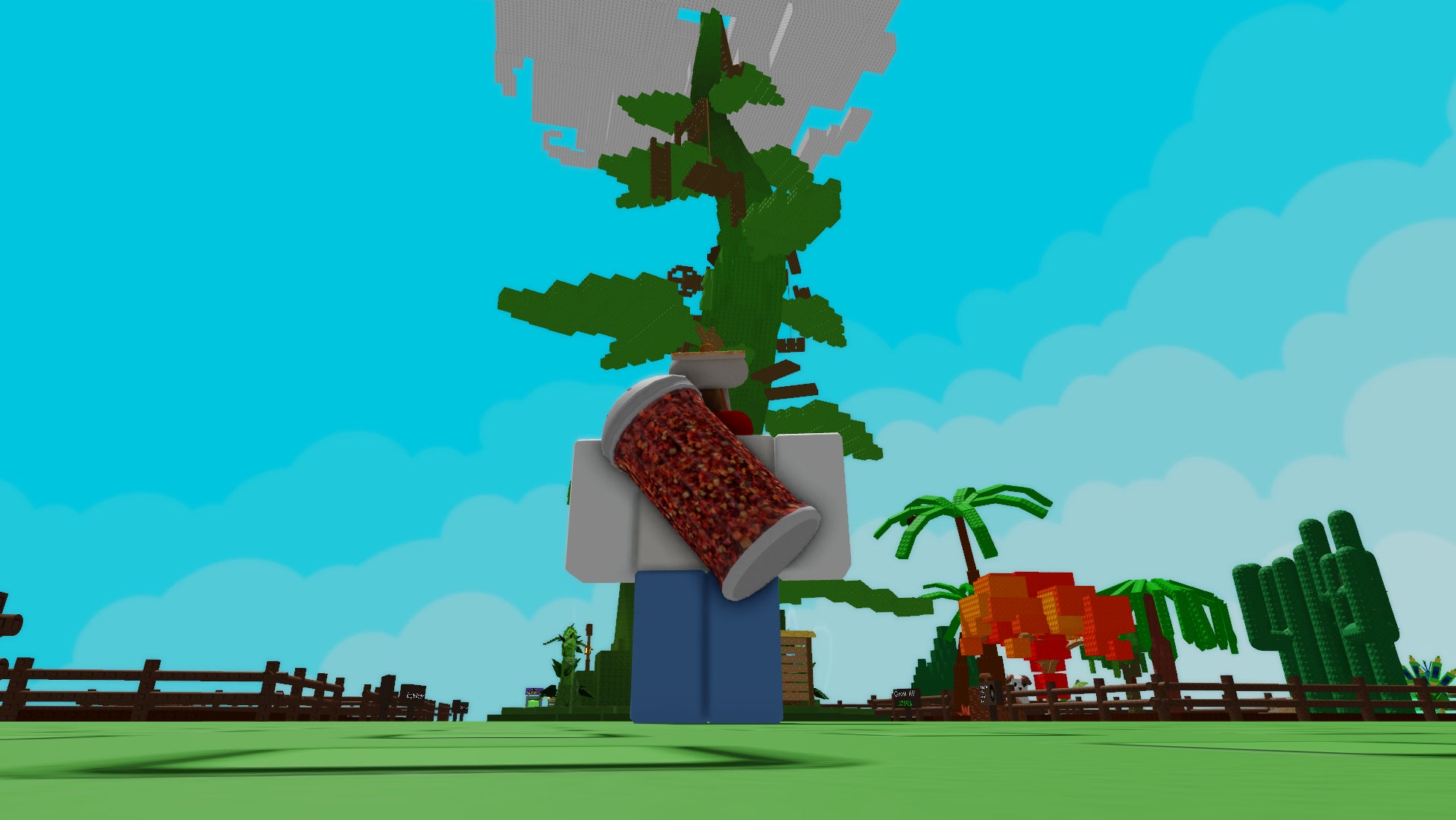 A character looking up to the top of a fully grown beanstalk in Grow a Garden. - 1