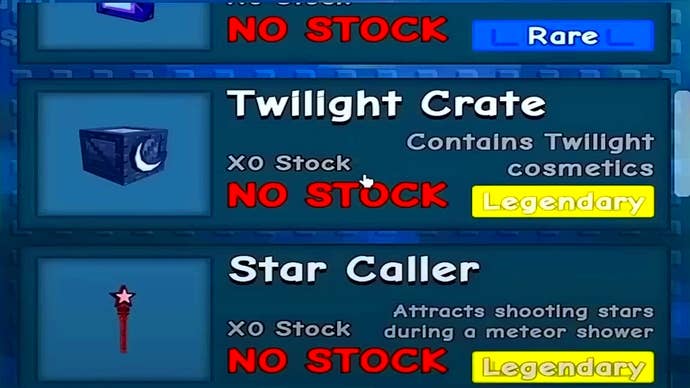 The dusk store spare menu in Grow a Garden