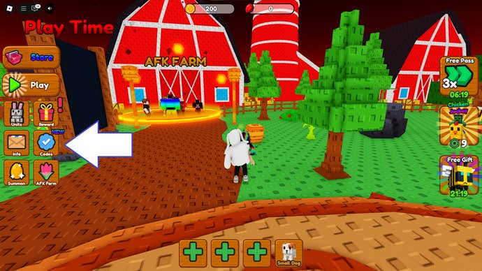 A screenshot of Grow Garden Tower Defense in Roblox showing the game's codes button.