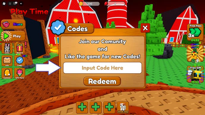A screenshot of Grow Garden Tower Defense in Roblox showing the game's codes screen.