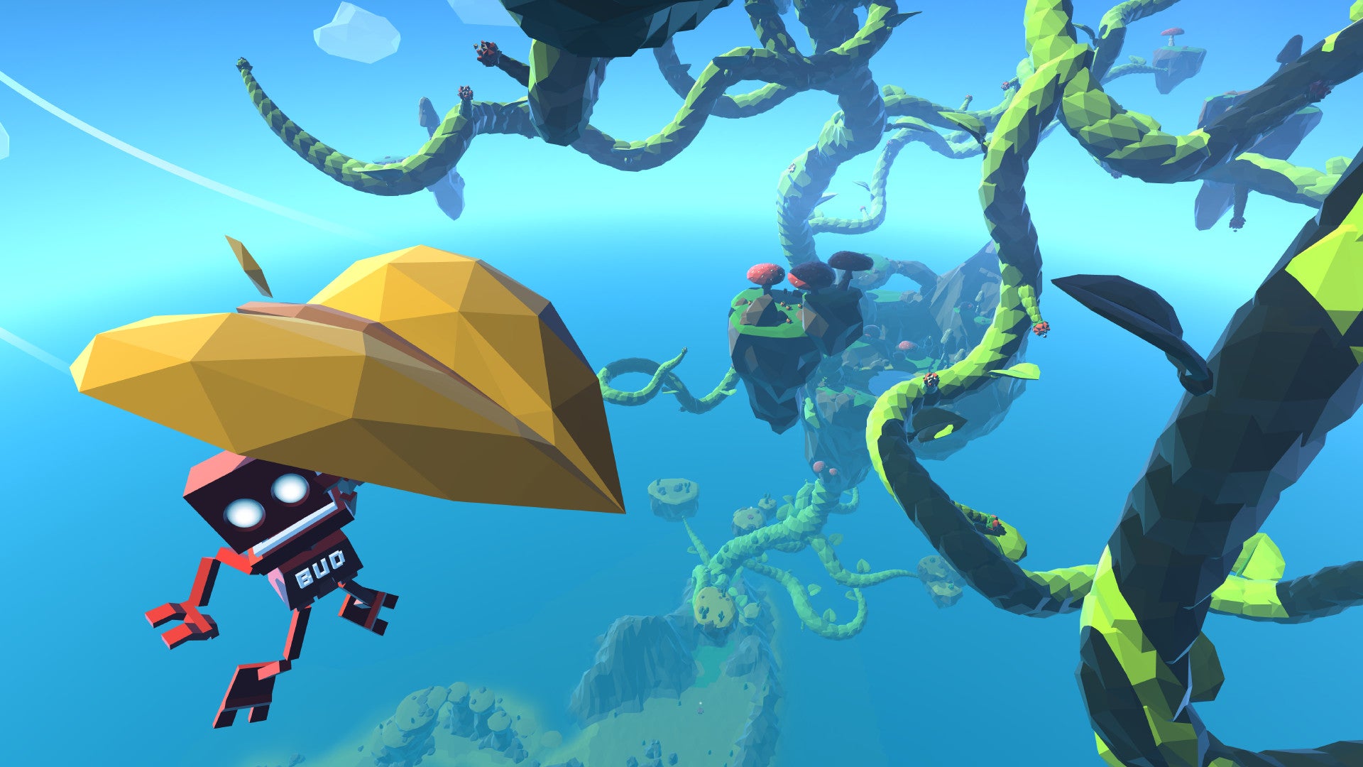 Official Grow Home screenshot showing BUD the robot gliding down from high above land next to a tangle plant, by holding onto a golden heart-shaped leaf