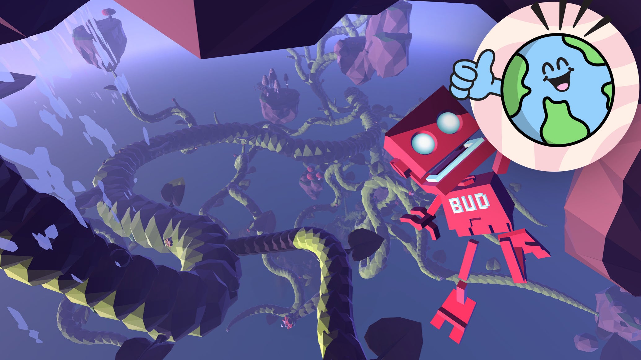 Grow Home official screenshot showing BUD, a red square-headed robot, in the foreground climbing high above the world on a near-endless tangle of plant branches. Eurogamer Optimism Week logo of a globe giving the thumbs up in the top right.
