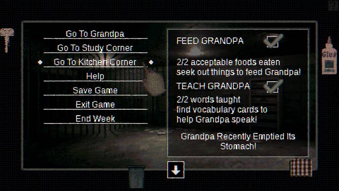 Caring for a grandpa-like entity in a Growing My Grandpa! screenshot.