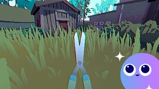 A pair of gardening shears are held aloft over overgrown grass with a shed in the background in Grunn. The Eurogamer Wishlisted logo sits in the bottom right corner of the image.
