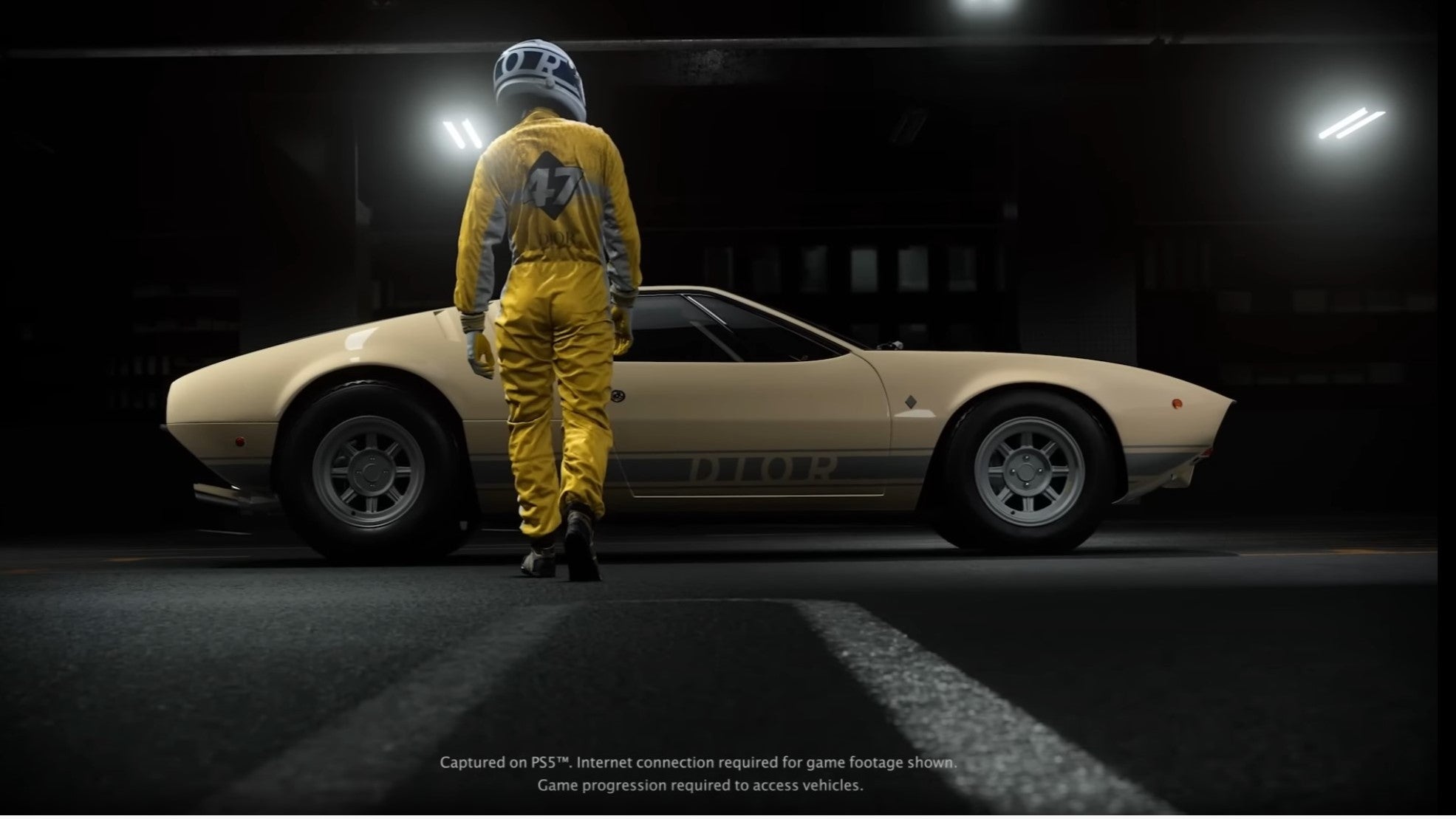 Driver wearing Dior racing gear and De Tomaso Mangusta in Gran Turismo 7.