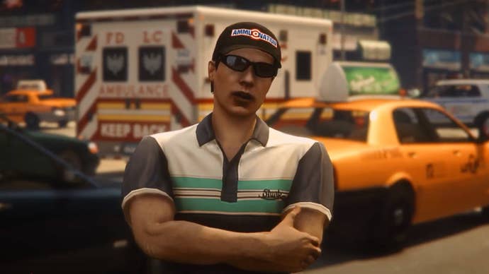 A screenshot from GTA 5’s Liberty City Preservation Project mod showing an NPC chatting to the camera in front of gridlocked traffic.