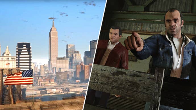Liberty City in GTA 5 opposite Trevor and Michael looking at a thing.