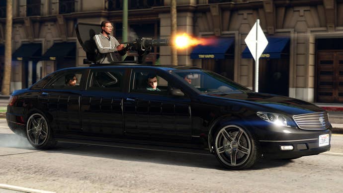 Some GTA Online players in a limo with a minigun in GTA 5 PC Enhanced.