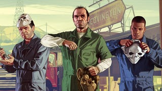 Artwork of the three male protagonists of GTA 5 in boiler suits with masks