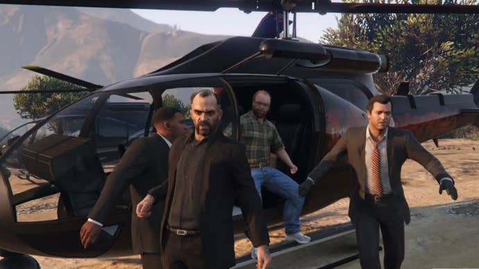 The three leads of GTA 5 and Lester emerge from a helicopter.