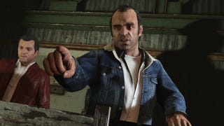 An image of Grand Theft Auto 5 character Trevor Philips pointing at something out of shot.