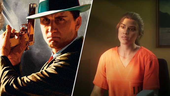 Cole Phelps in LA Noire next to Lucia in GTA 6.