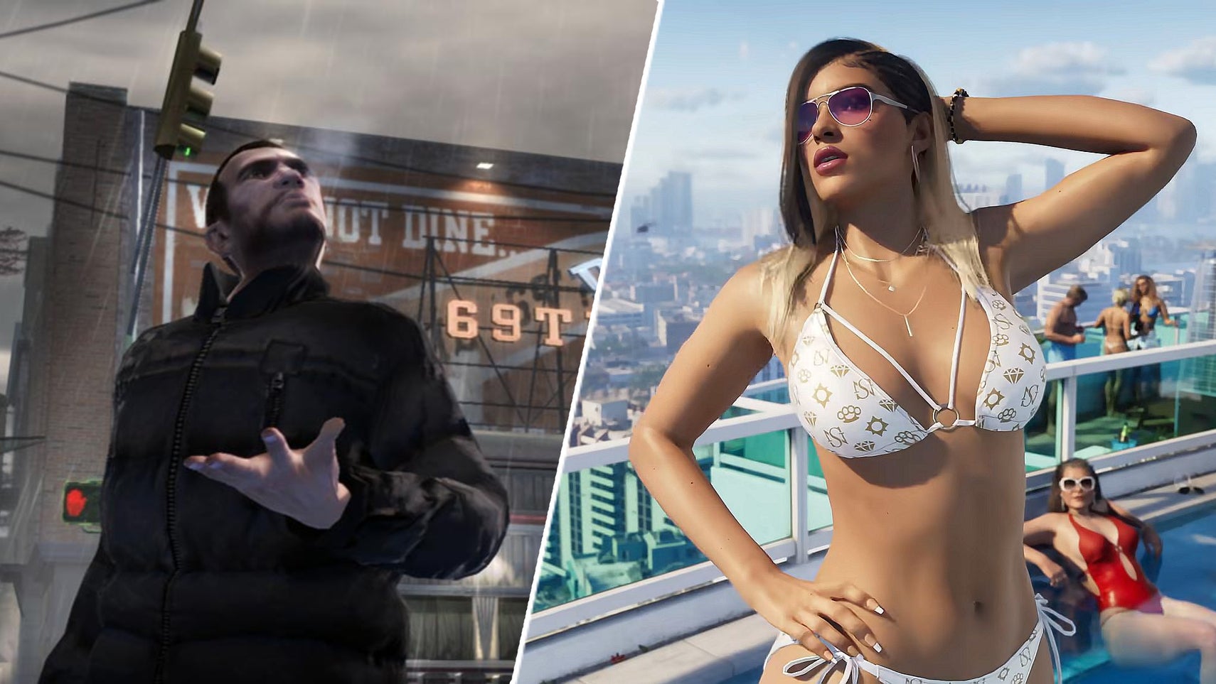 A bikini-clad GTA 6 character next to Niko Bellic in GTA 4. - 1