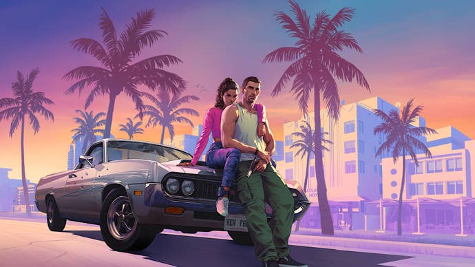 GTA 6’s main characters leaning against a car.