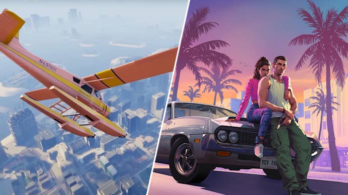 GTA 6’s protagonists alongside a plane flying about Vice City in the GTA 6 map re-creation GTA 5 mod.