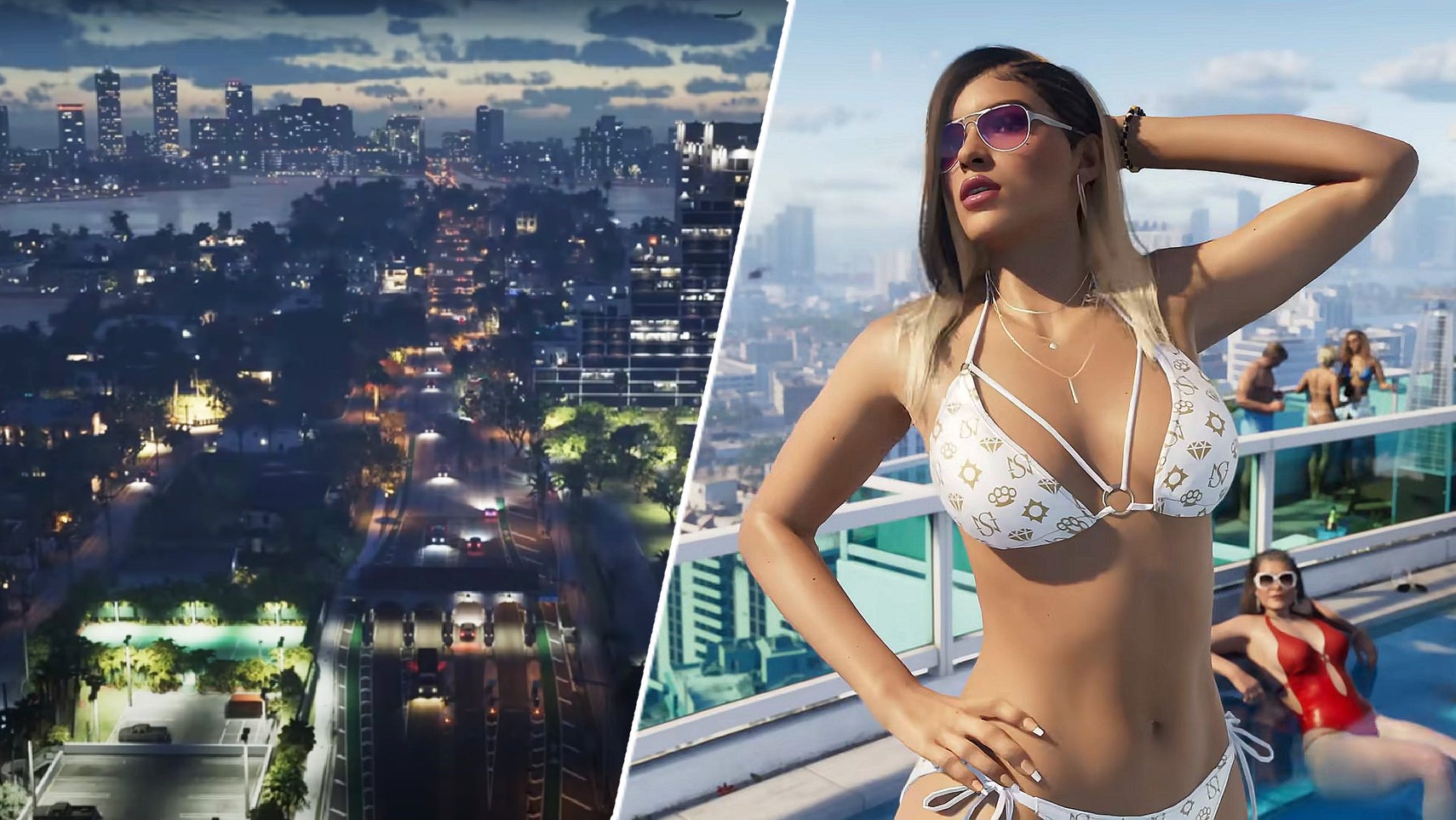 GTA 6's Vice City from overhead, next to an NPC in a bikini. - 1