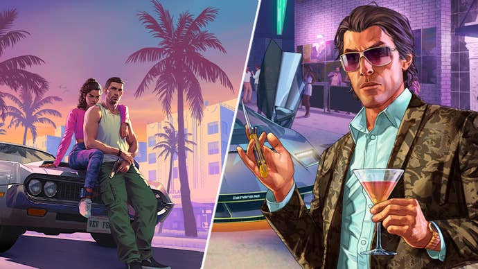 GTA 6’s main characters on the bonnet of a car, opposite art of a nightclub owning player in GTA Online.